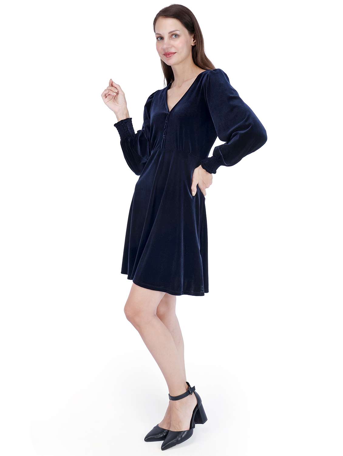 women solid puff sleeve fit & flare dress - 22181460 -  Standard Image - 1