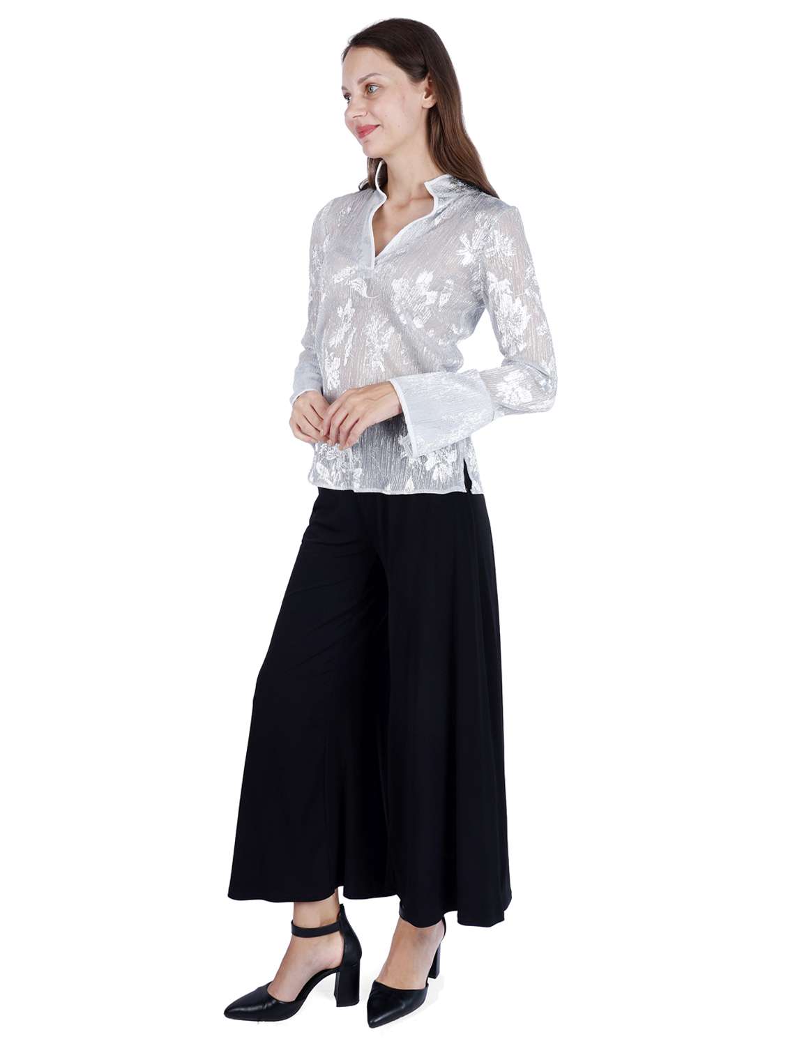 women printed long sleeve mandarin neck top - 22181467 -  Standard Image - 1