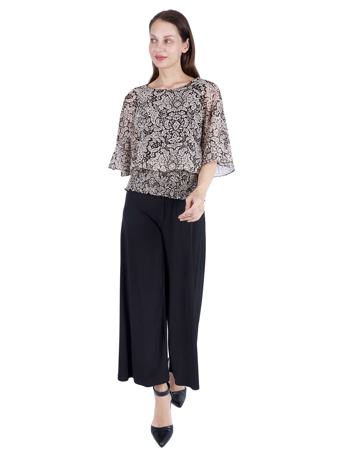 women printed bell sleeve blouson top