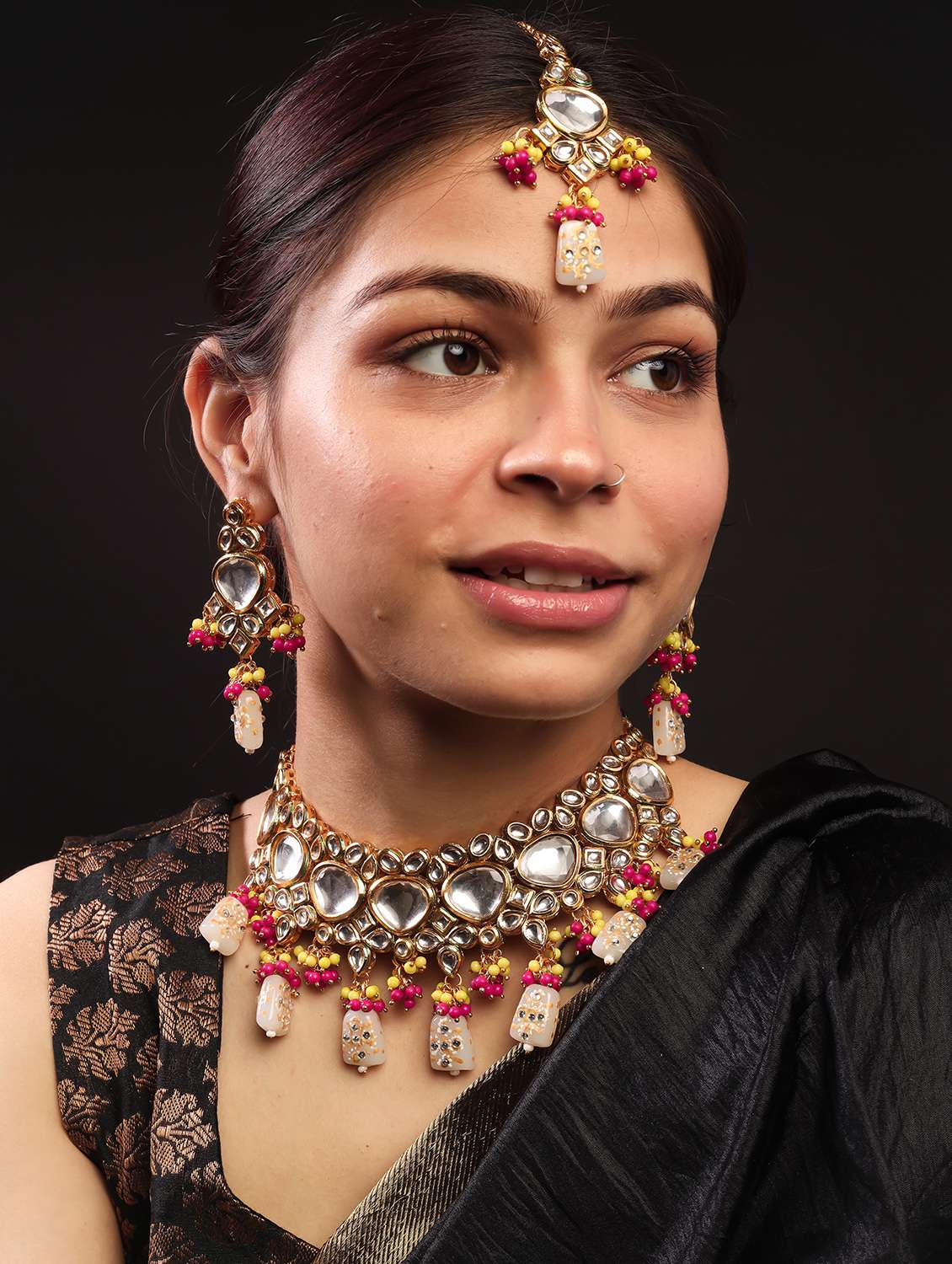 handcrafted kundan grey droplet beads necklace set - 22181490 -  Standard Image - 1