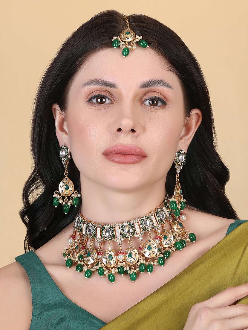 green pearls beaded kundan choker set - 22181493 -  Standard Image - 1