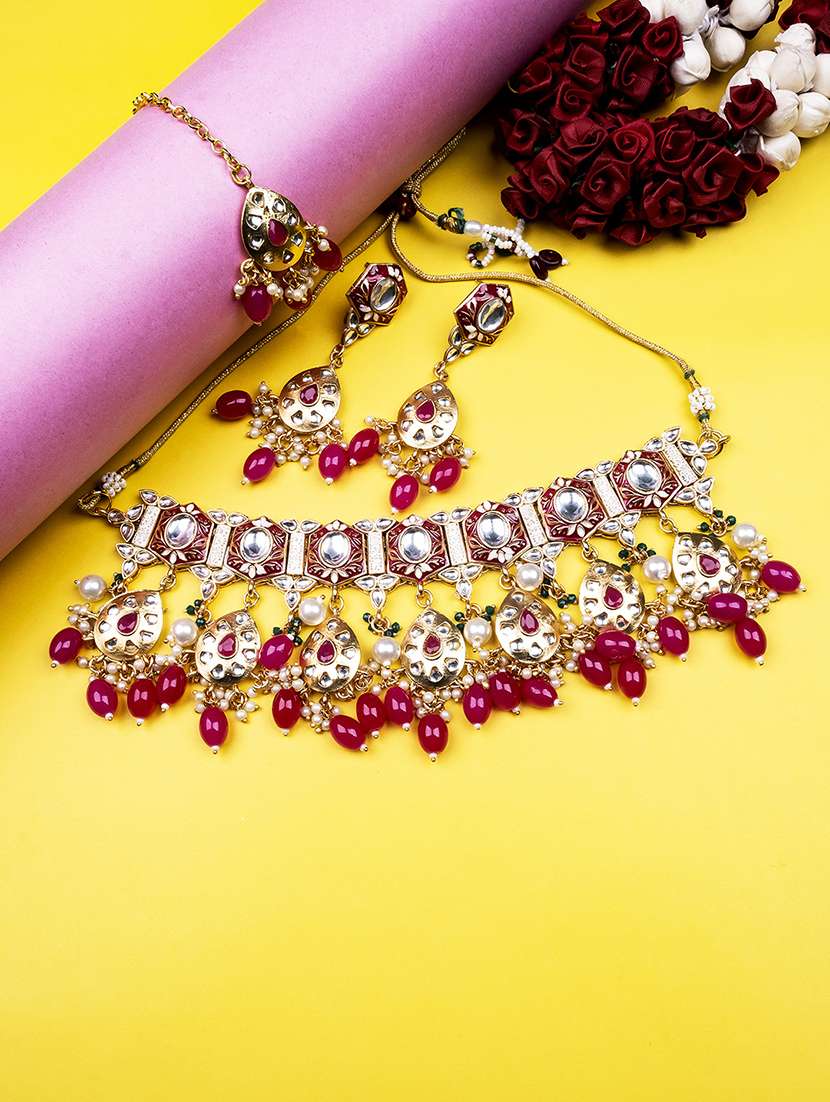 red pearls beaded kundan choker set