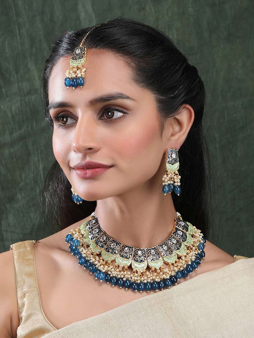 blue kundan meenakari droplet necklace set - 22181497 -  Standard Image - 1