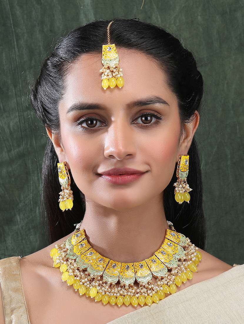 yellow kundan meenakari droplet necklace set - 22181502 -  Standard Image - 1
