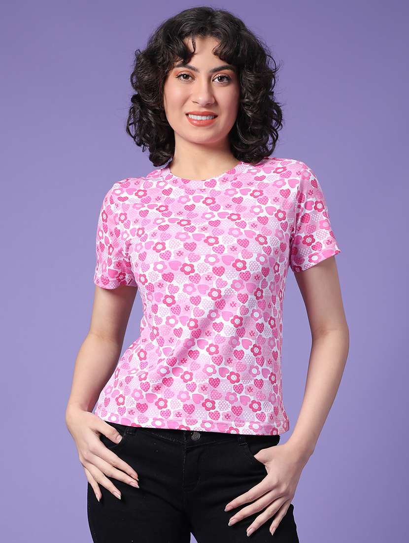 Women Pink Cotton Blend Regular T-shirt - 22181652 -  Standard Image - 1