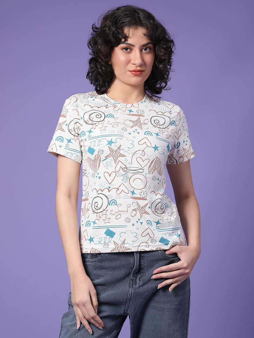 women beige cotton blend regular t-shirt - 22181655 -  Standard Image - 1