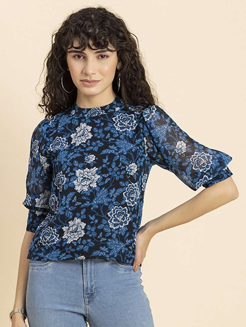 women floral print puff sleeve regular top