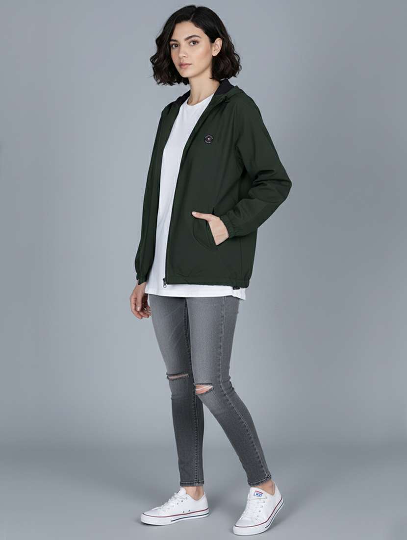 women solid long sleeve hooded windcheater jacket - 22182068 -  Standard Image - 4