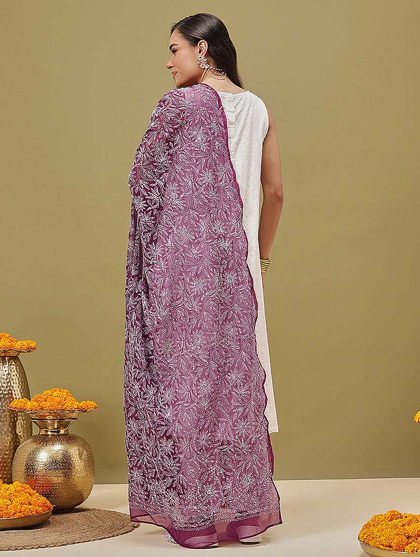 women solid with work chikankari dupatta - 22182115 -  Standard Image - 1