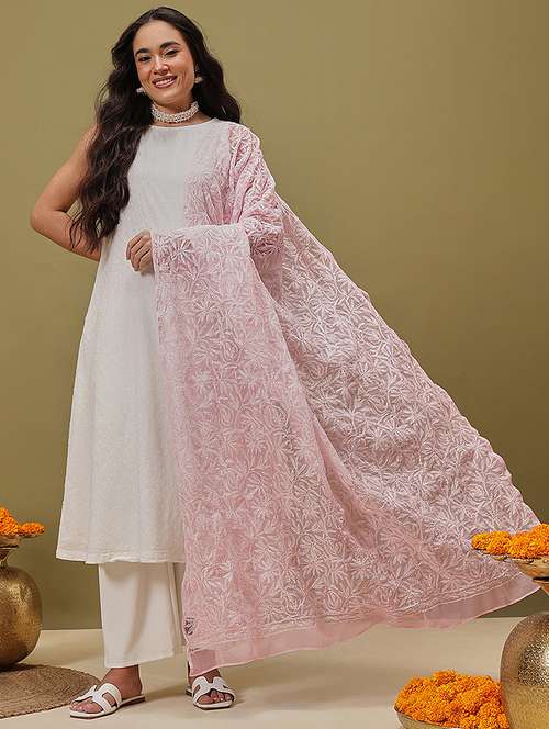 women solid with work chikankari dupatta - 22182117 -  Standard Image - 0