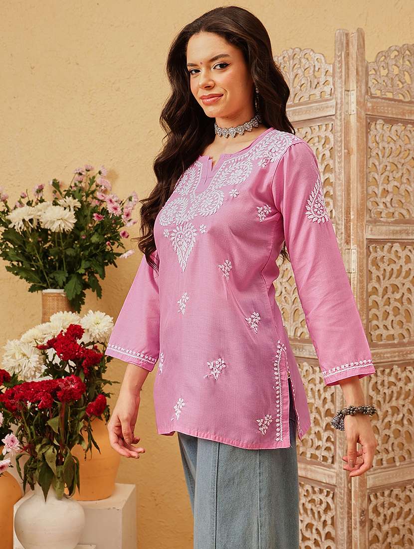 women solid with work three quarter sleeve straight kurti - 22182132 -  Standard Image - 1