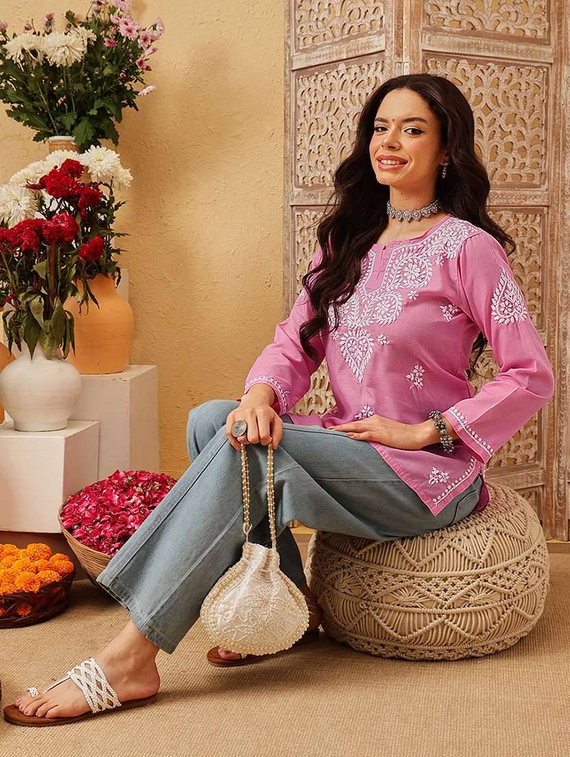 women solid with work three quarter sleeve straight kurti - 22182132 -  Standard Image - 4