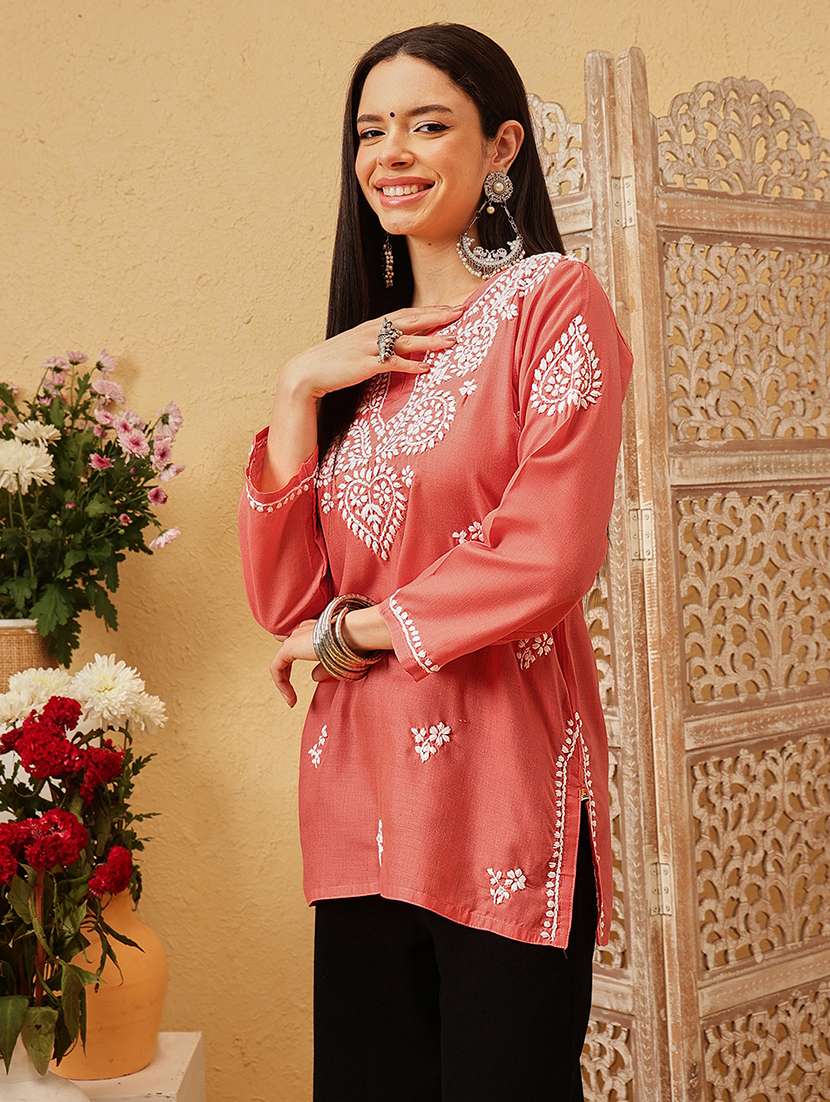 women solid with work three quarter sleeve straight kurti - 22182133 -  Standard Image - 1
