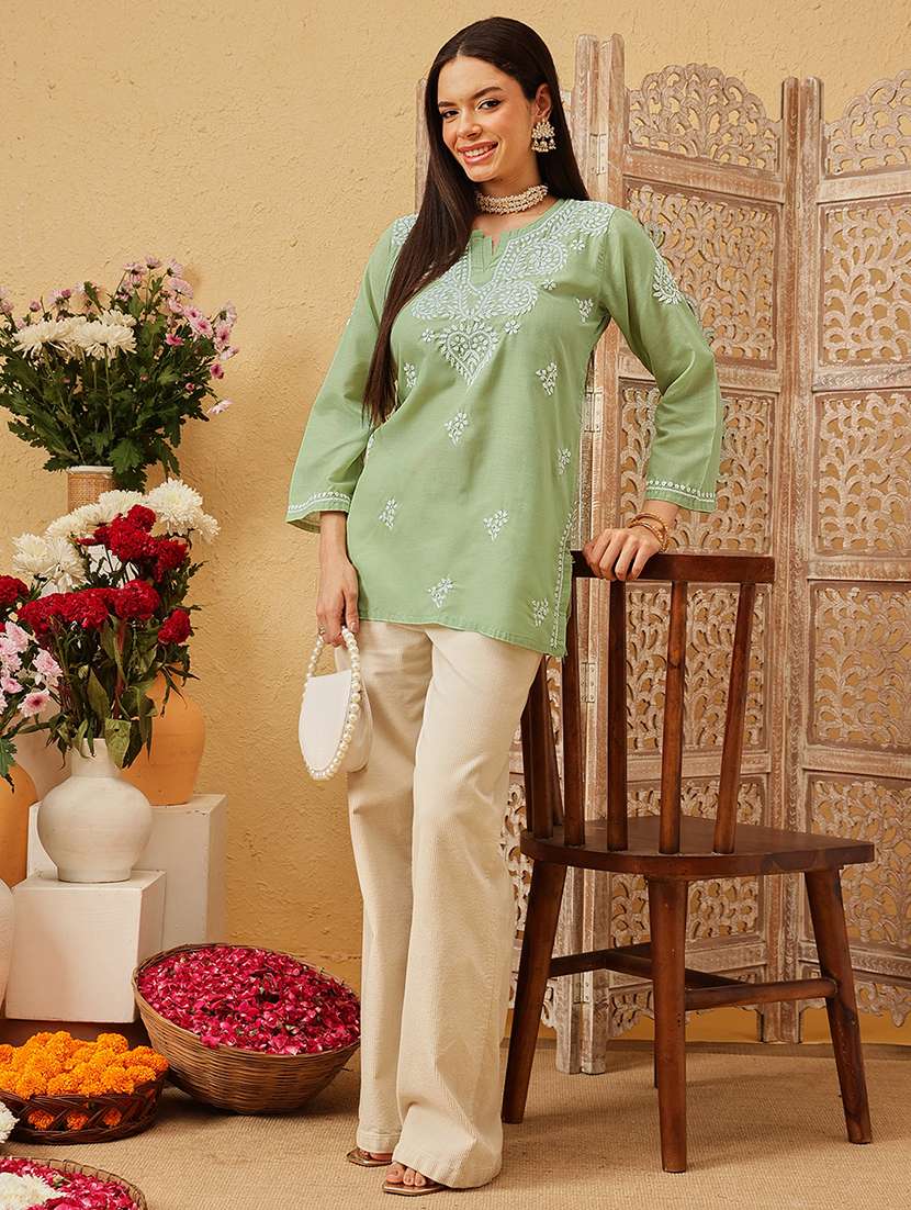 women solid with work three quarter sleeve straight kurti - 22182134 -  Standard Image - 4