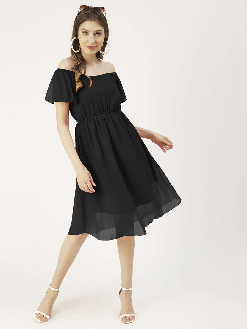 women black solid off shoulder a-line dress