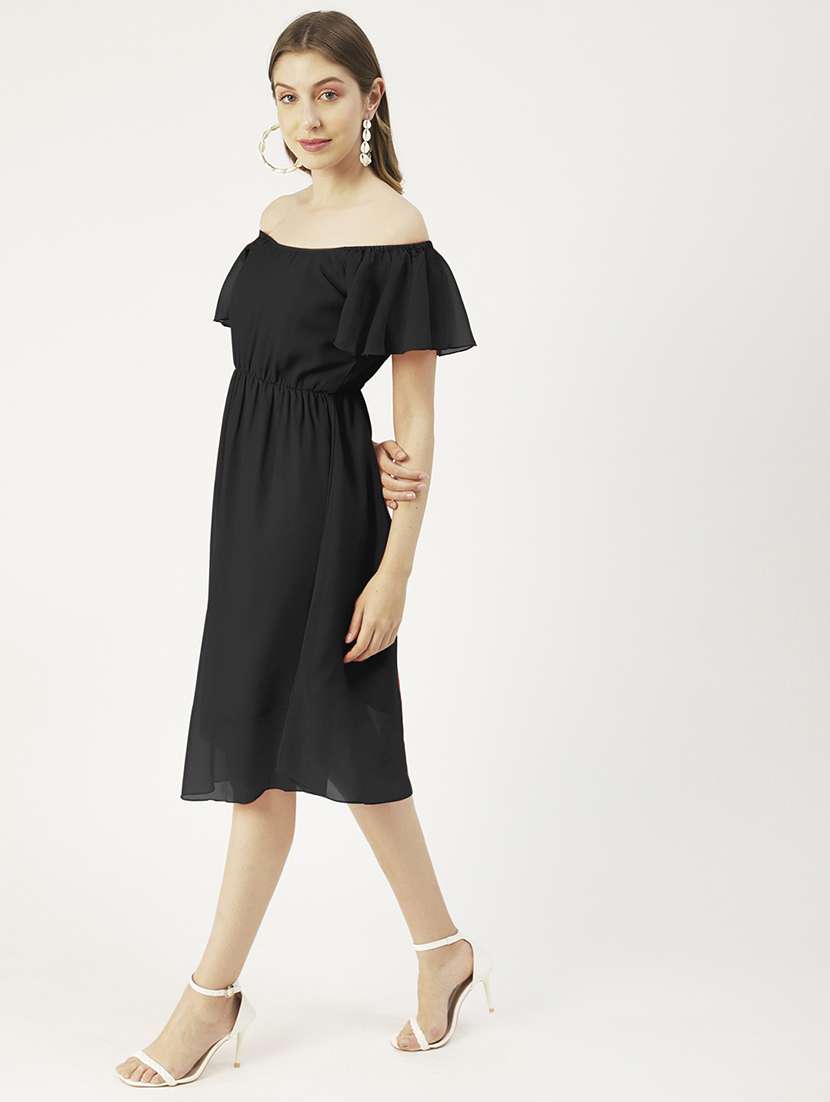 women black solid off shoulder a-line dress - 22182137 -  Standard Image - 1