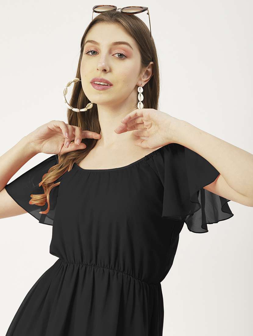 women black solid off shoulder a-line dress - 22182137 -  Standard Image - 4