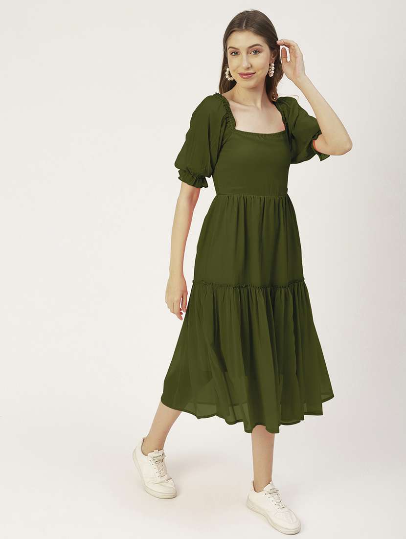 women olive solid puff sleeve tiered dress