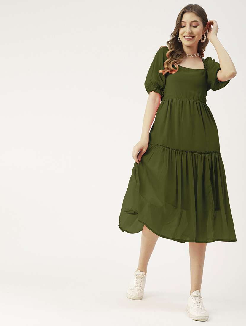 women olive solid puff sleeve tiered dress - 22182138 -  Standard Image - 1