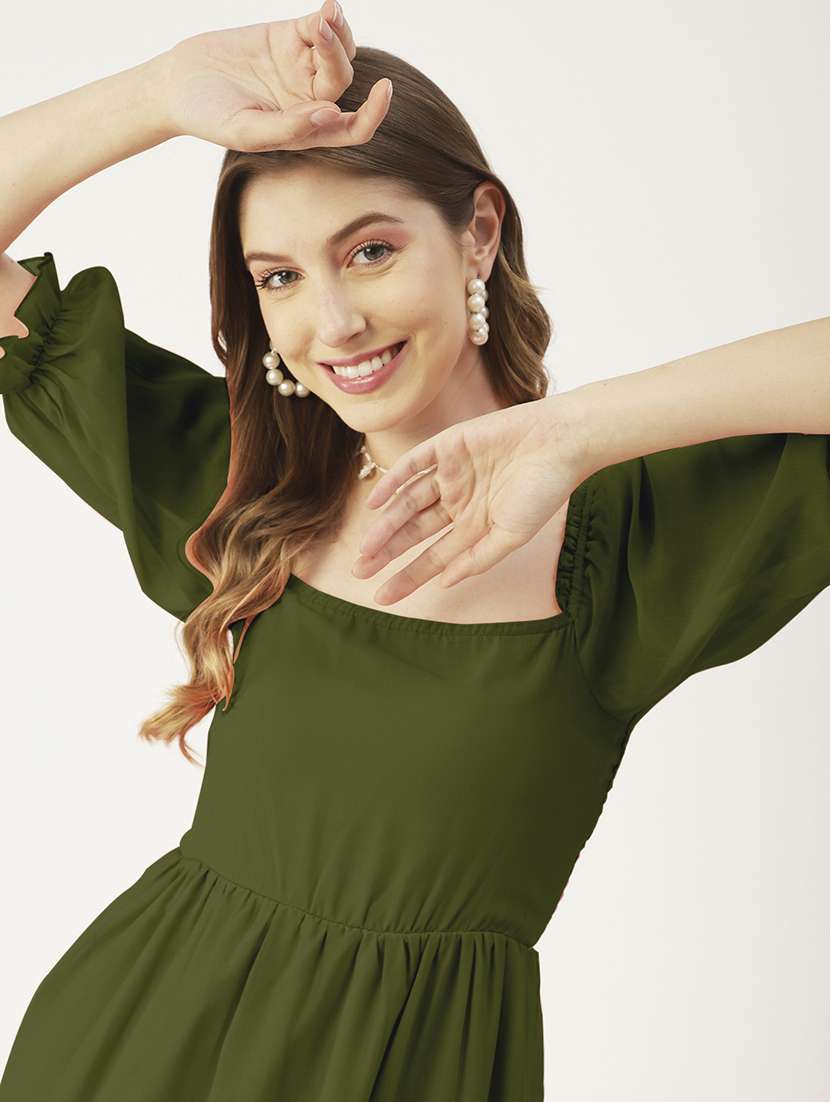 women olive solid puff sleeve tiered dress - 22182138 -  Standard Image - 4