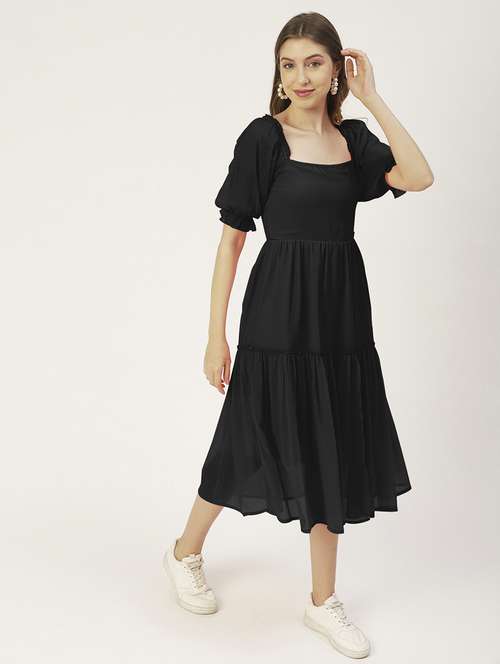women black solid puff sleeve tiered dress - 22182139 -  Standard Image - 0