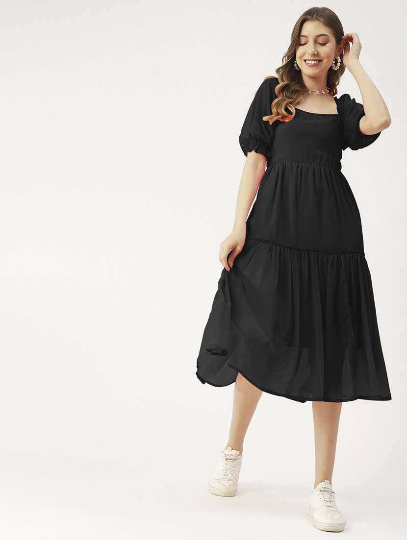 women black solid puff sleeve tiered dress - 22182139 -  Standard Image - 1