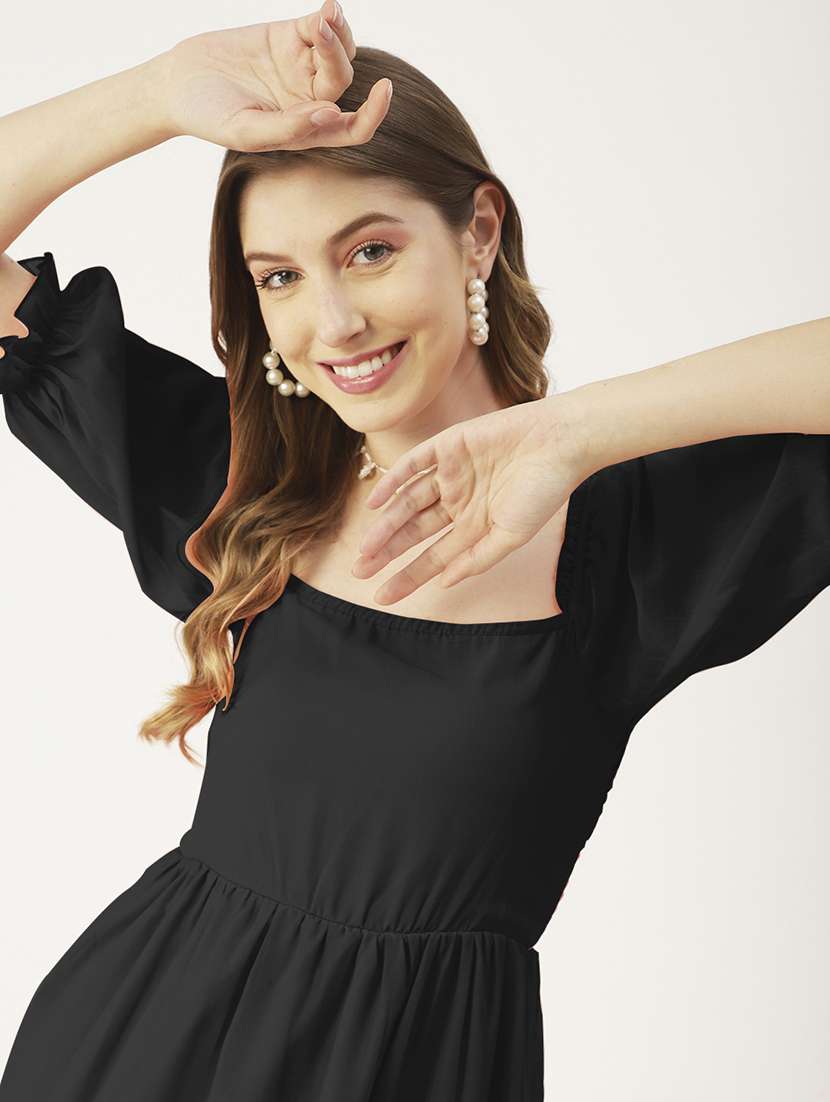 women black solid puff sleeve tiered dress - 22182139 -  Standard Image - 4