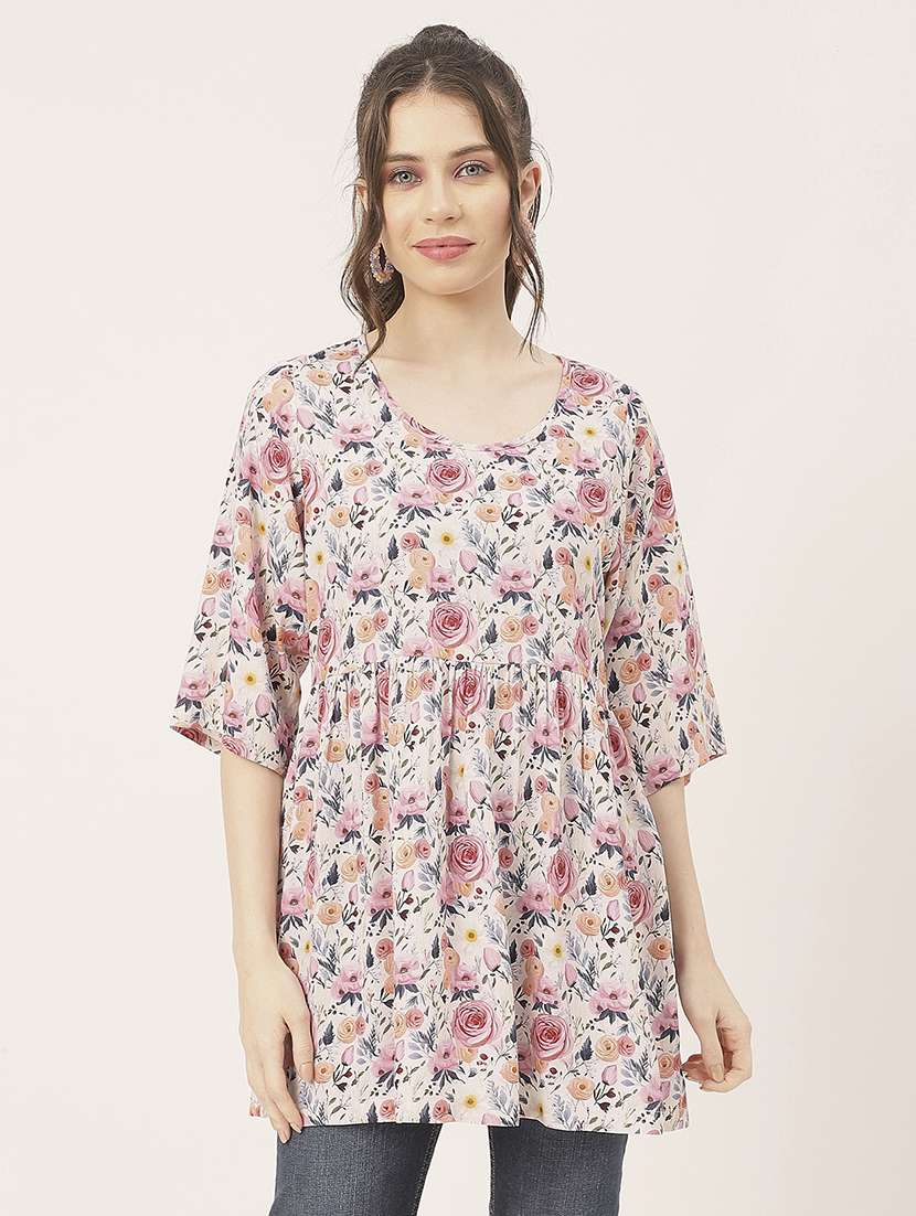 women floral print three quarter sleeve flared tunic