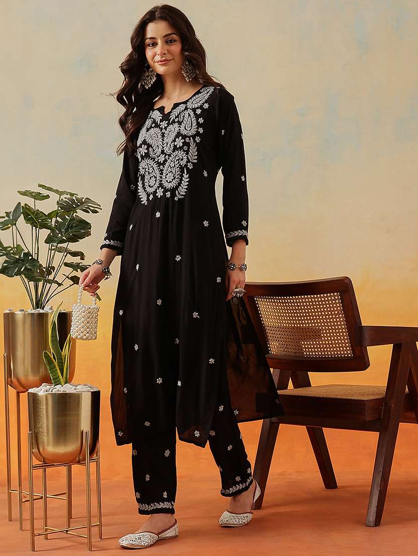 women solid with work long sleeve kurta pant set - 22182145 -  Standard Image - 1