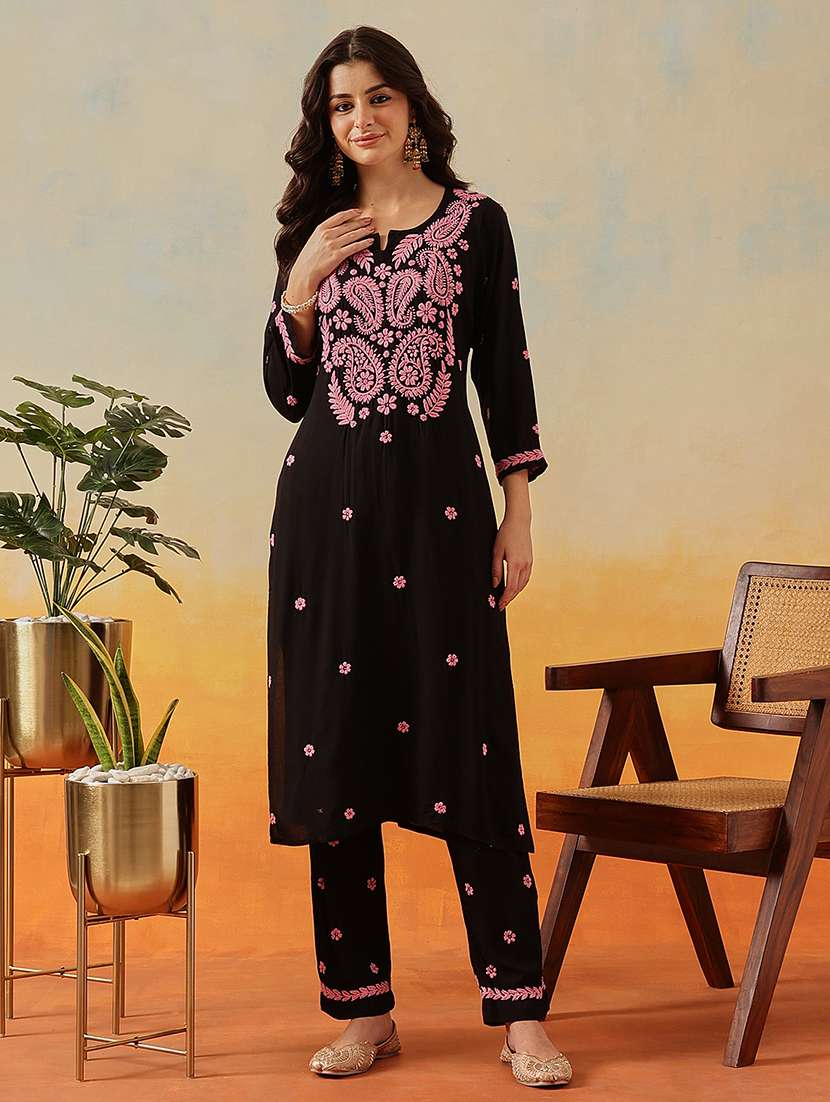 women solid with work long sleeve kurta pant set - 22182146 -  Standard Image - 1