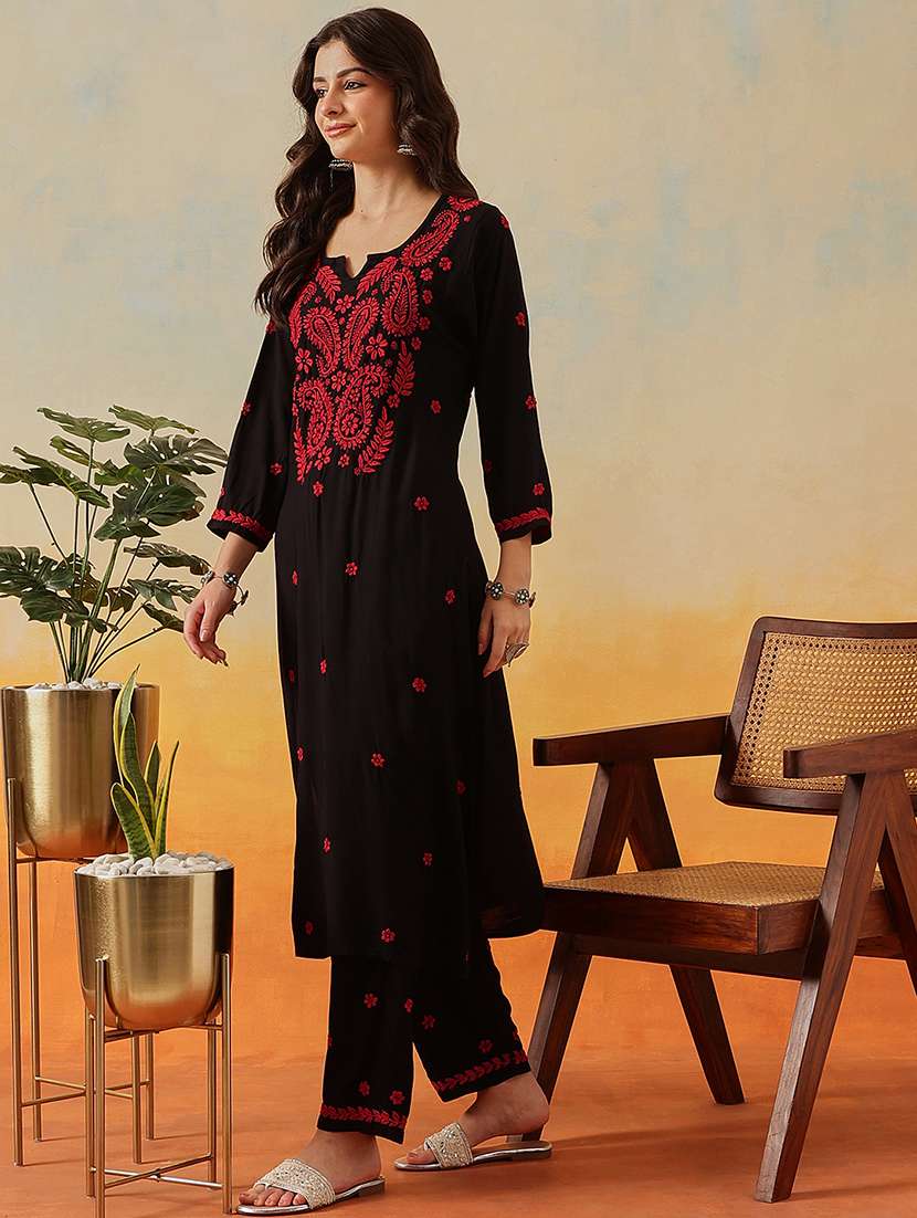 women solid with work long sleeve kurta pant set - 22182148 -  Standard Image - 1