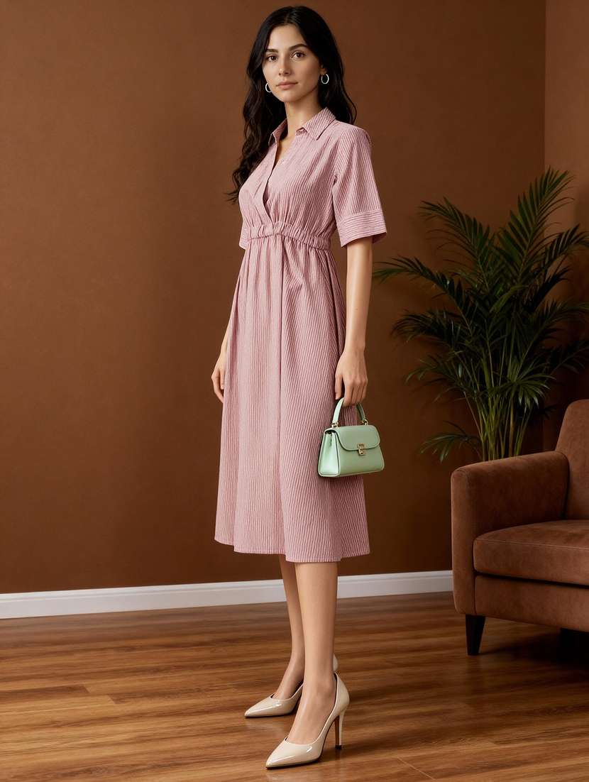 women striped short sleeve collared a-line dress - 22182163 -  Standard Image - 1