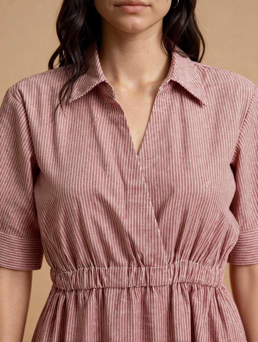 women striped short sleeve collared a-line dress - 22182163 -  Standard Image - 4