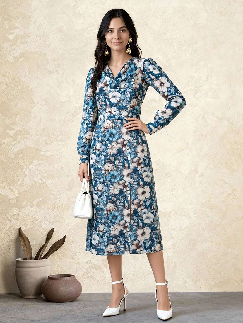 globus women blue cowl neck cuffed sleeves floral print front slit midi a-line dress with belt