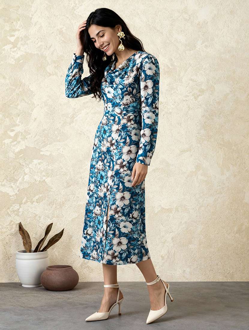 globus women blue cowl neck cuffed sleeves floral print front slit midi a-line dress with belt - 22182164 -  Standard Image - 1