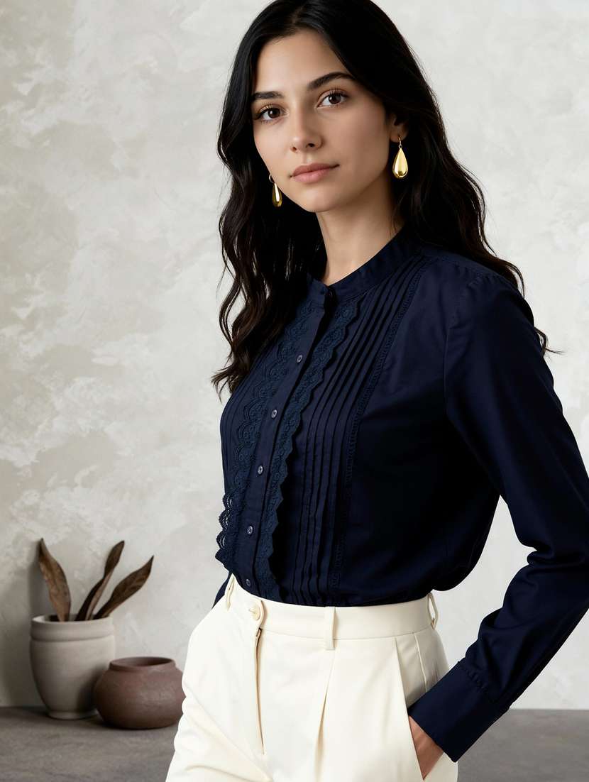 globus women navy blue mandarin collar cuffed sleeves solid lace insert pleated detail shirt - 22182166 -  Standard Image - 1