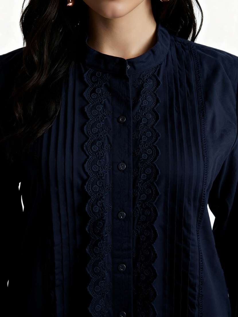 globus women navy blue mandarin collar cuffed sleeves solid lace insert pleated detail shirt - 22182166 -  Standard Image - 4