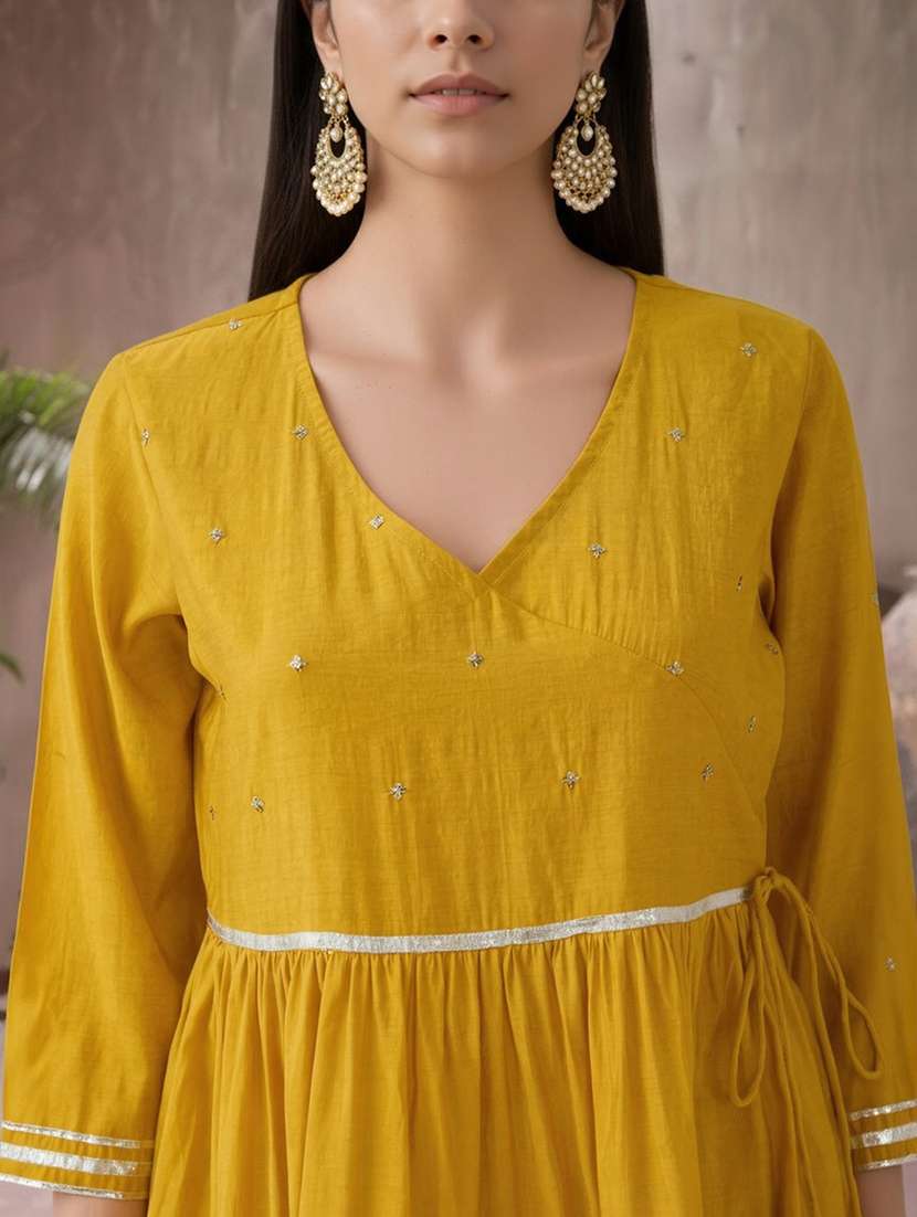 globus women yellow v-neck sequinned tie-up detail gotta patti tiered fit & flare maxi festive dress - 22182167 -  Standard Image - 4