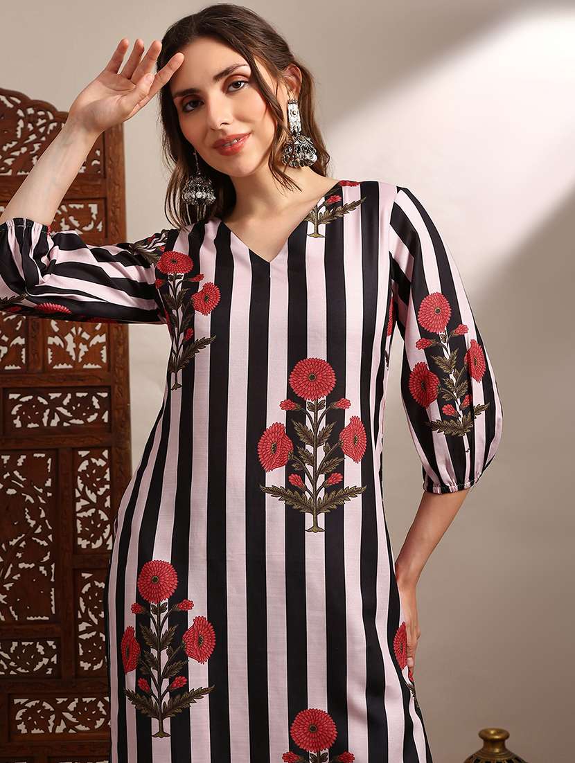 globus women black v-neck bishop sleeves striped floral print straight kurta with pants set - 22182168 -  Standard Image - 4