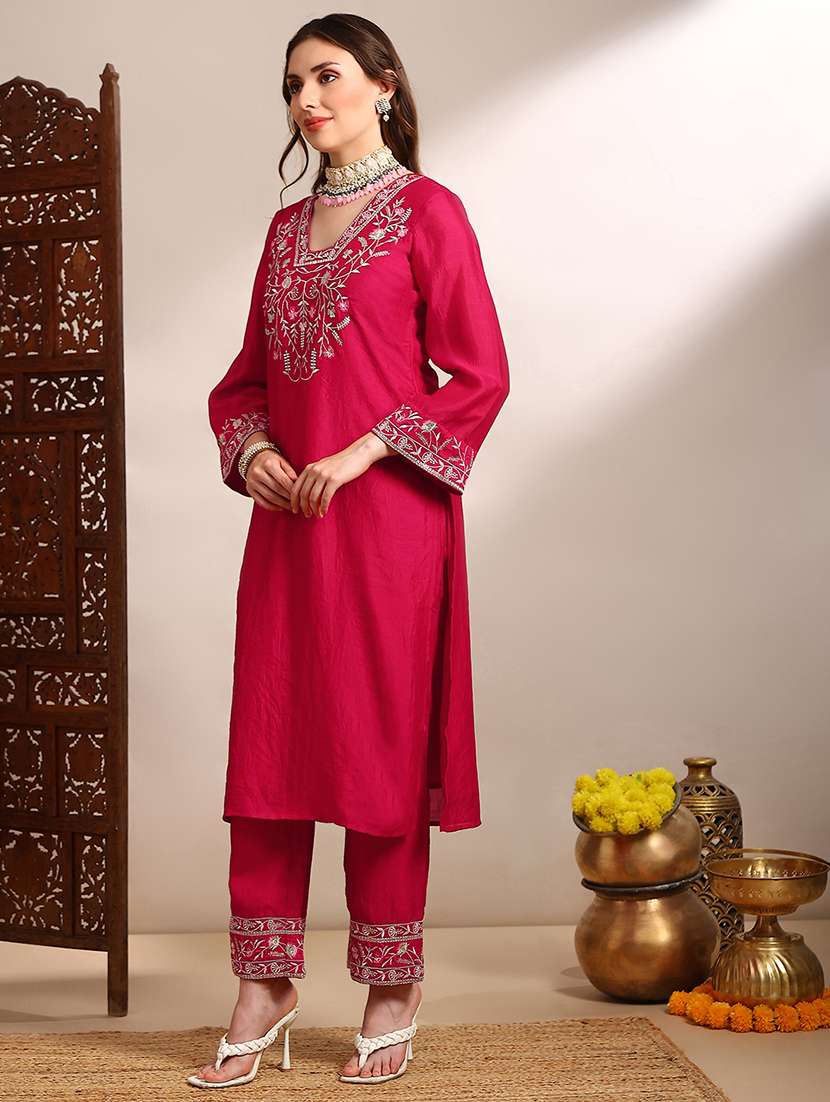 globus women pink floral embroidered v-neck bell sleeves straight kurta with pants festive set - 22182171 -  Standard Image - 1