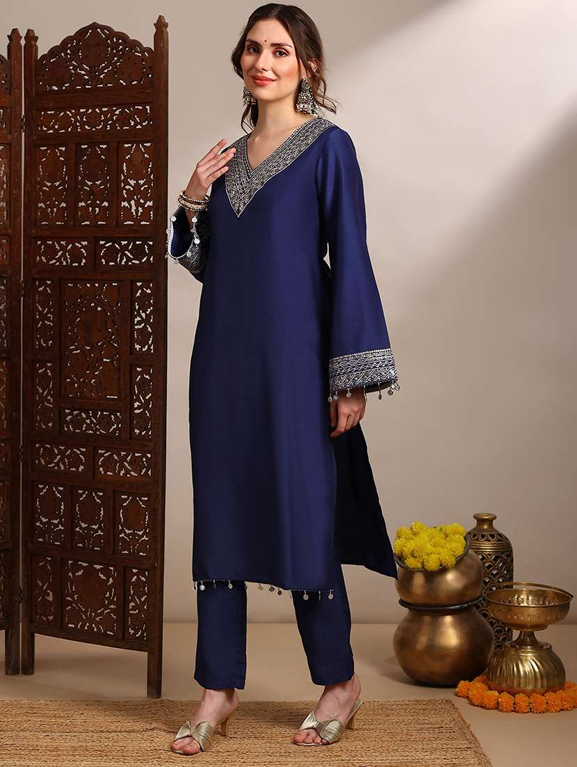 globus women blue sequin zari embroidered v-neck bell sleeves coin detail hem straight kurta with pants festive set - 22182174 -  Standard Image - 1