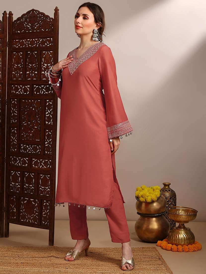globus women orange sequin zari embroidered v-neck bell sleeves coin detail hem straight kurta with pants festive set - 22182175 -  Standard Image - 1