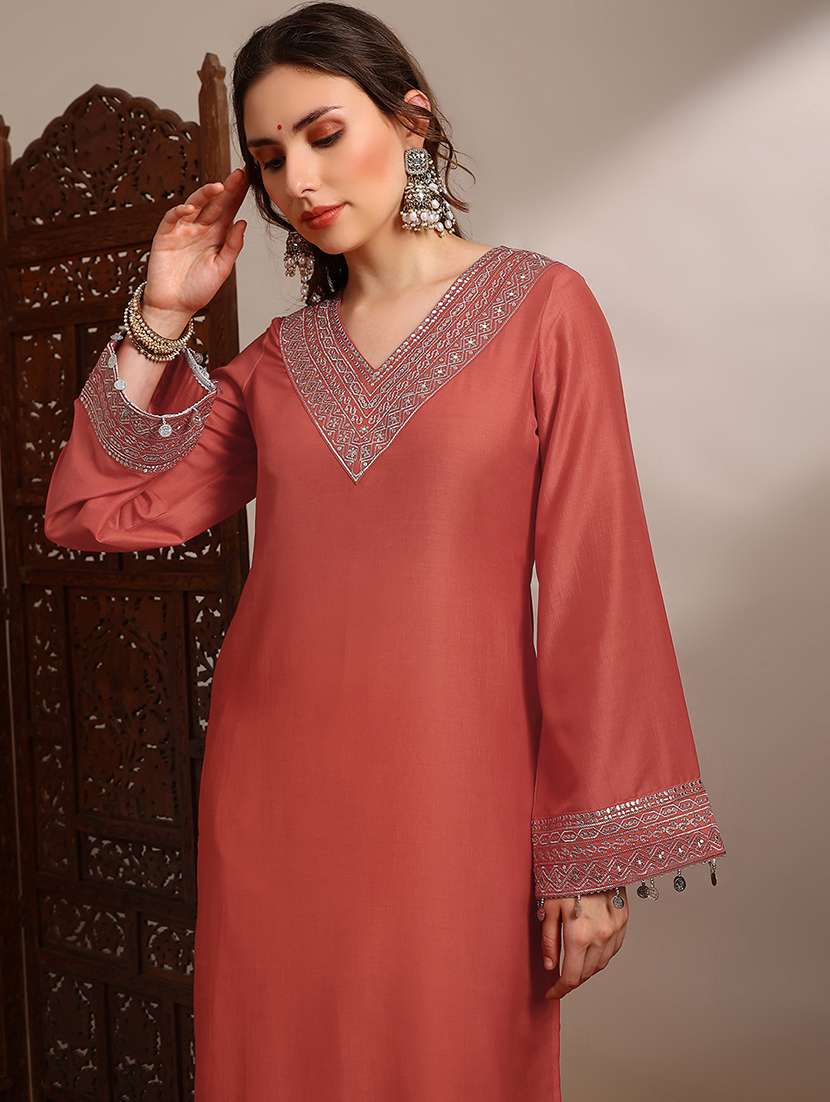 globus women orange sequin zari embroidered v-neck bell sleeves coin detail hem straight kurta with pants festive set - 22182175 -  Standard Image - 4