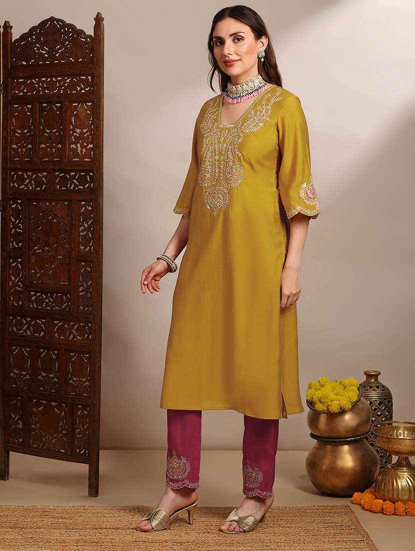 women solid with work bell sleeve kurta pant set - 22182176 -  Standard Image - 1