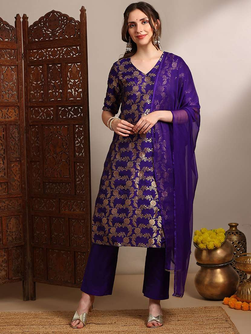 globus women purple v-neck short sleeves floral woven design straight kurta with pants & taping dupatta festive set - 22182178 -  Standard Image - 1