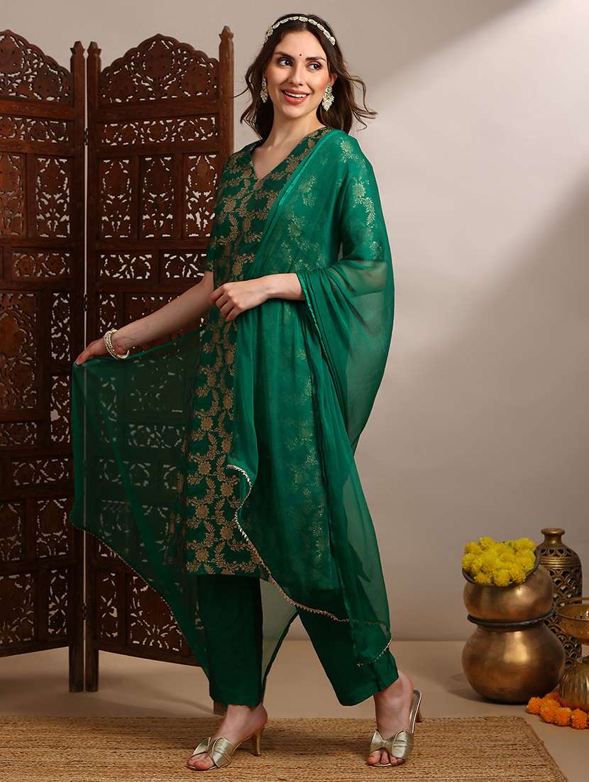 globus women green v-neck short sleeves floral woven design straight kurta with pants & taping dupatta festive set - 22182179 -  Standard Image - 1
