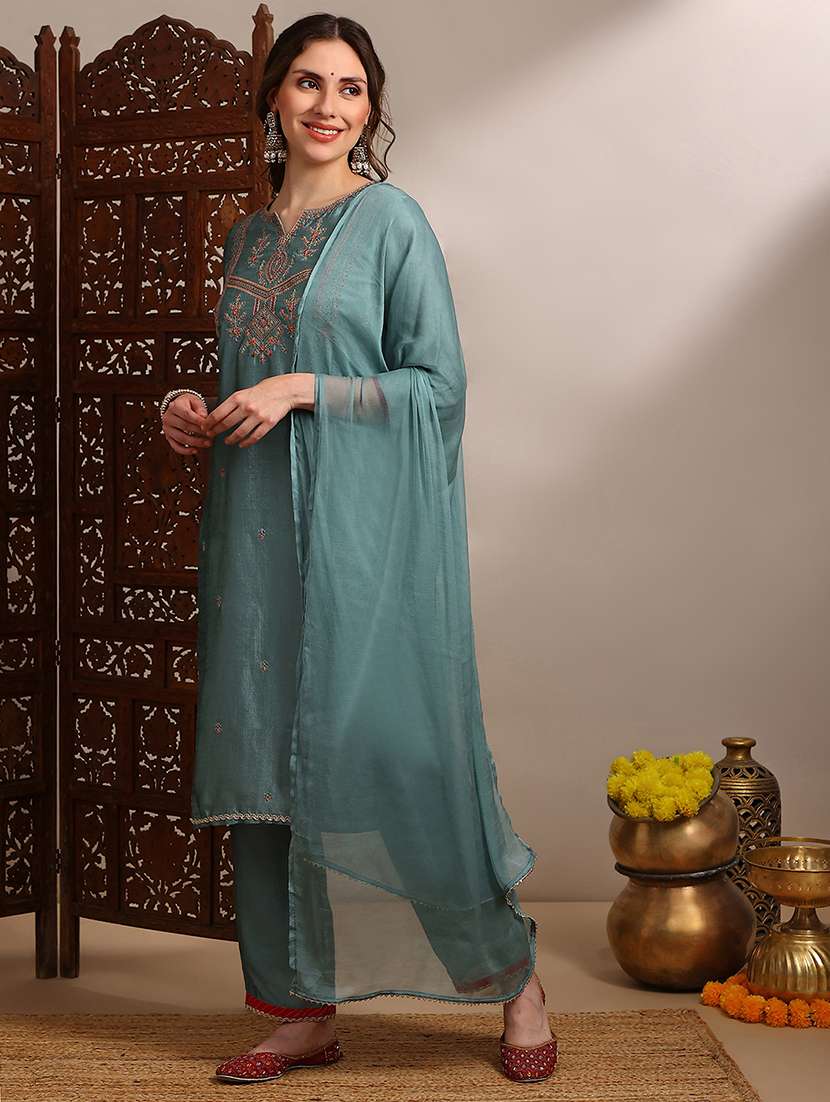 Globus Women Teal Zari Embroidered Yoke Straight Kurta With Wide Leg Pants & Taping Dupatta Festive Set - 22182180 -  Standard Image - 1