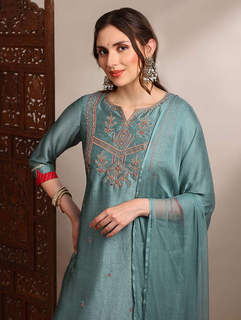 Globus Women Teal Zari Embroidered Yoke Straight Kurta With Wide Leg Pants & Taping Dupatta Festive Set - 22182180 -  Standard Image - 4