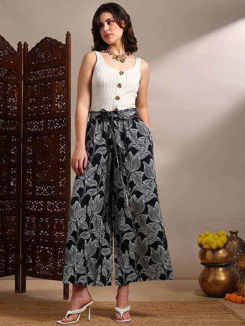 globus women black allover floral printed high-rise belted wide leg trouser - 22182183 -  Standard Image - 0