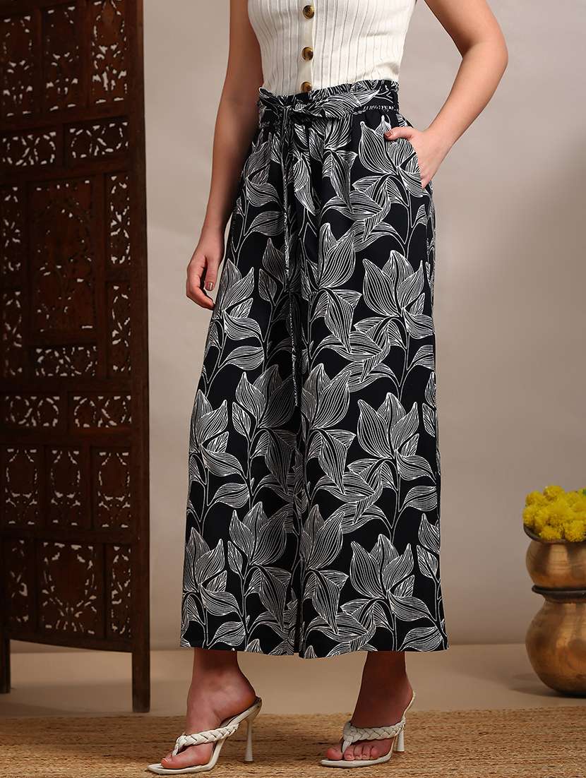 globus women black allover floral printed high-rise belted wide leg trouser - 22182183 -  Standard Image - 1